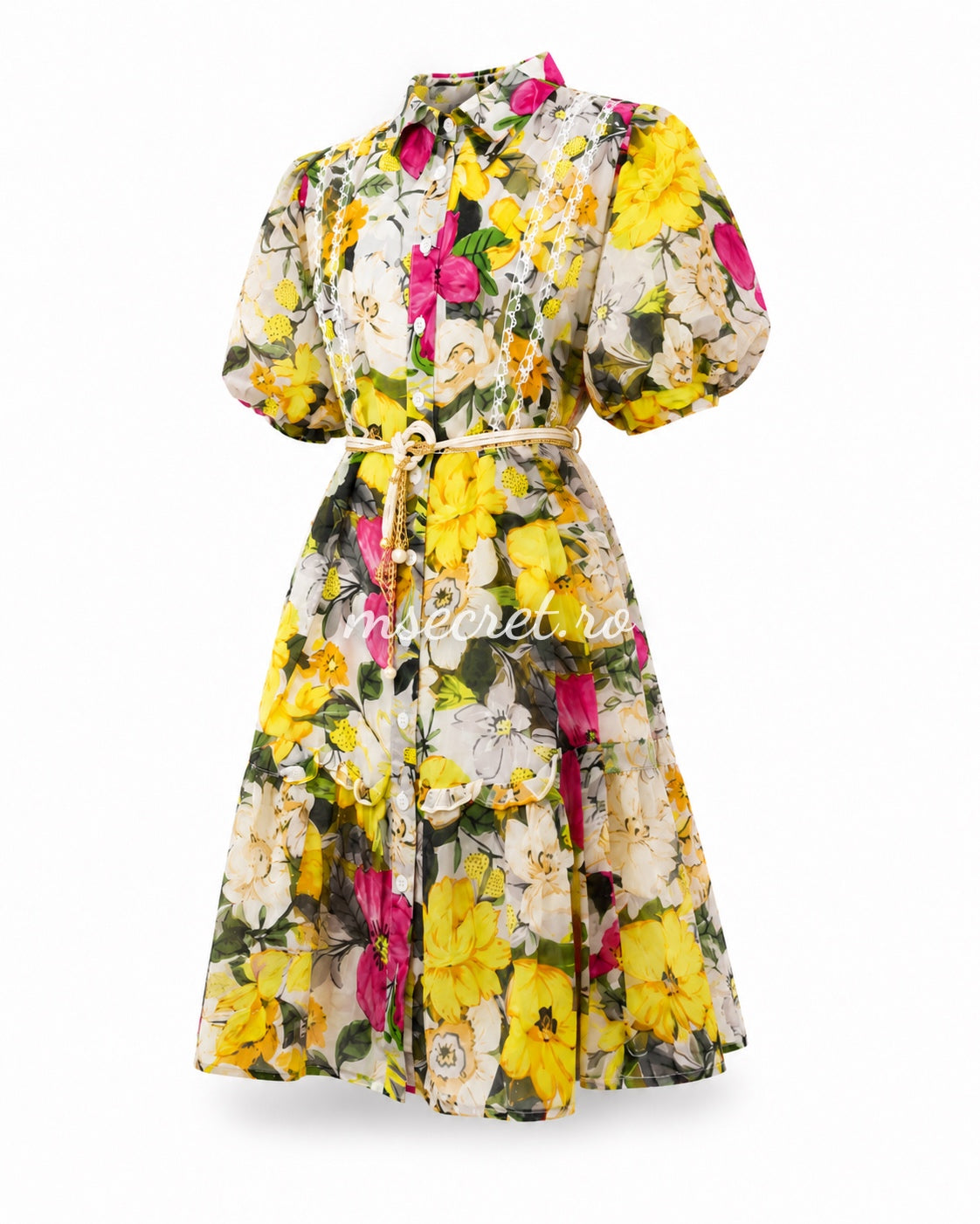 Rochie vaporoasa cu imprimeu floral, maneci bufante si detalii din dantela