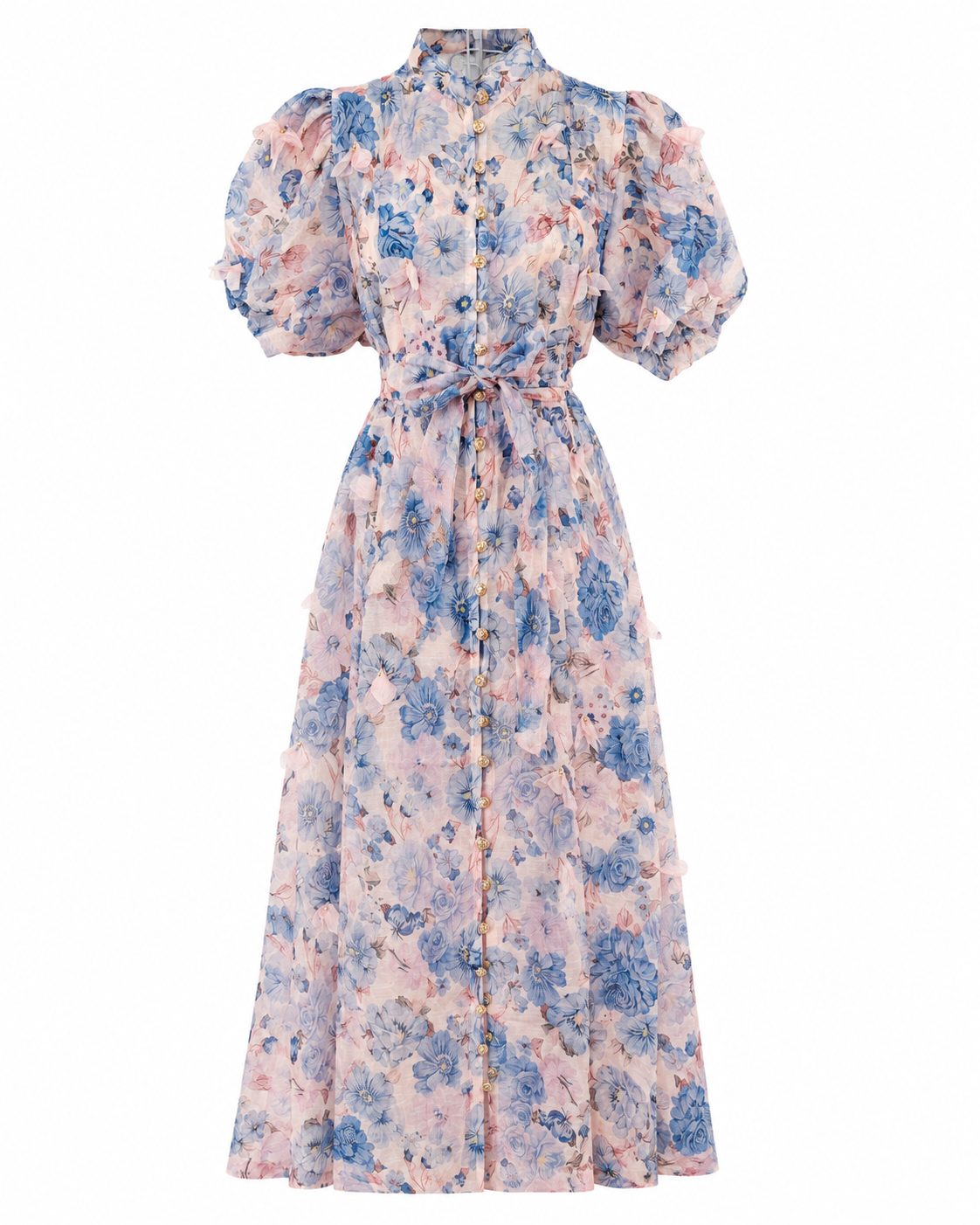 Rochie lungă roz din in cu imprimeu floral și aplicații 3D