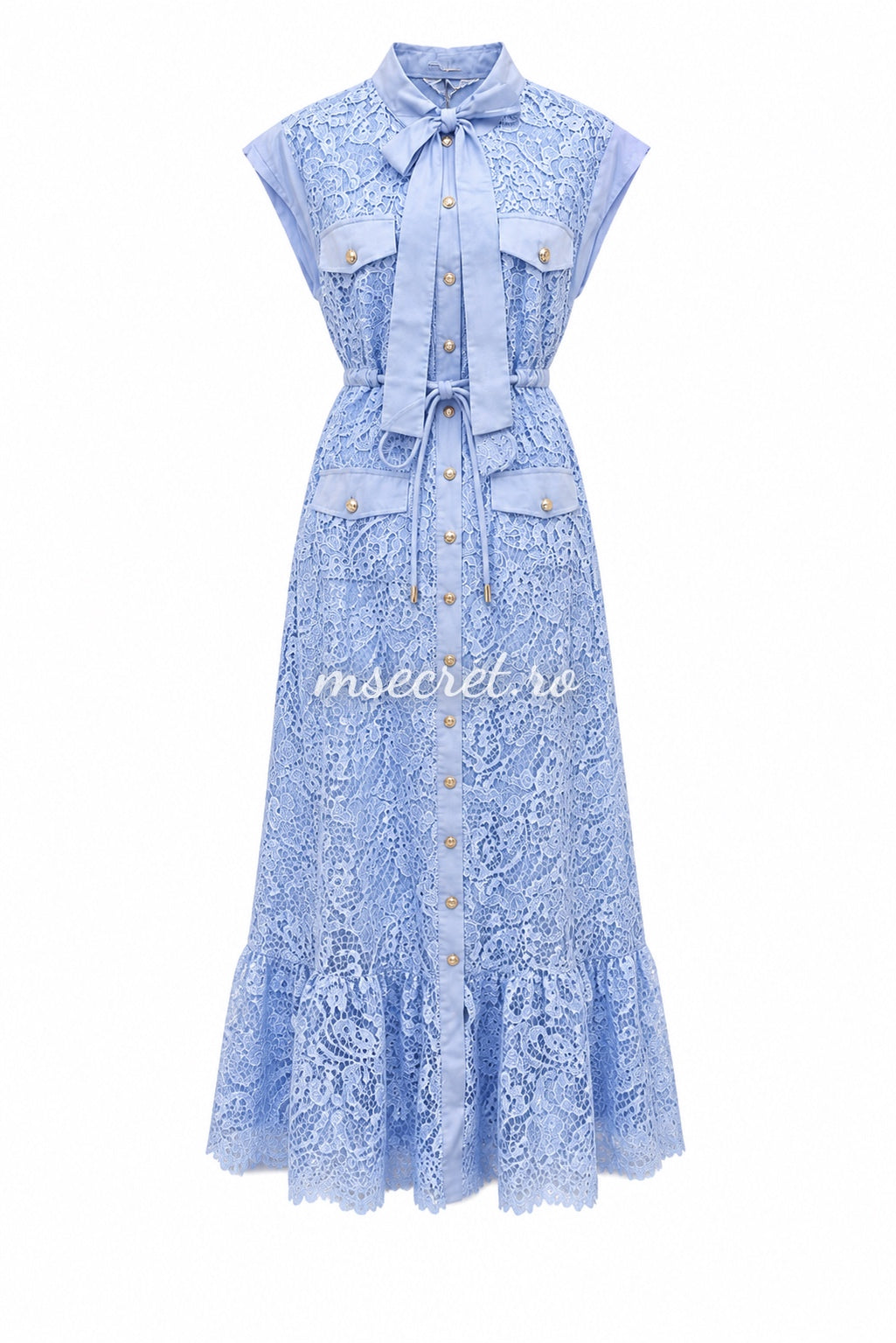 Rochie midi baby blue din dantela cu funda la gat