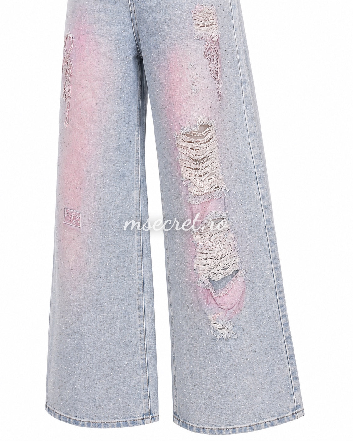 Blugi wide leg cu pietre si insertii roz decorative