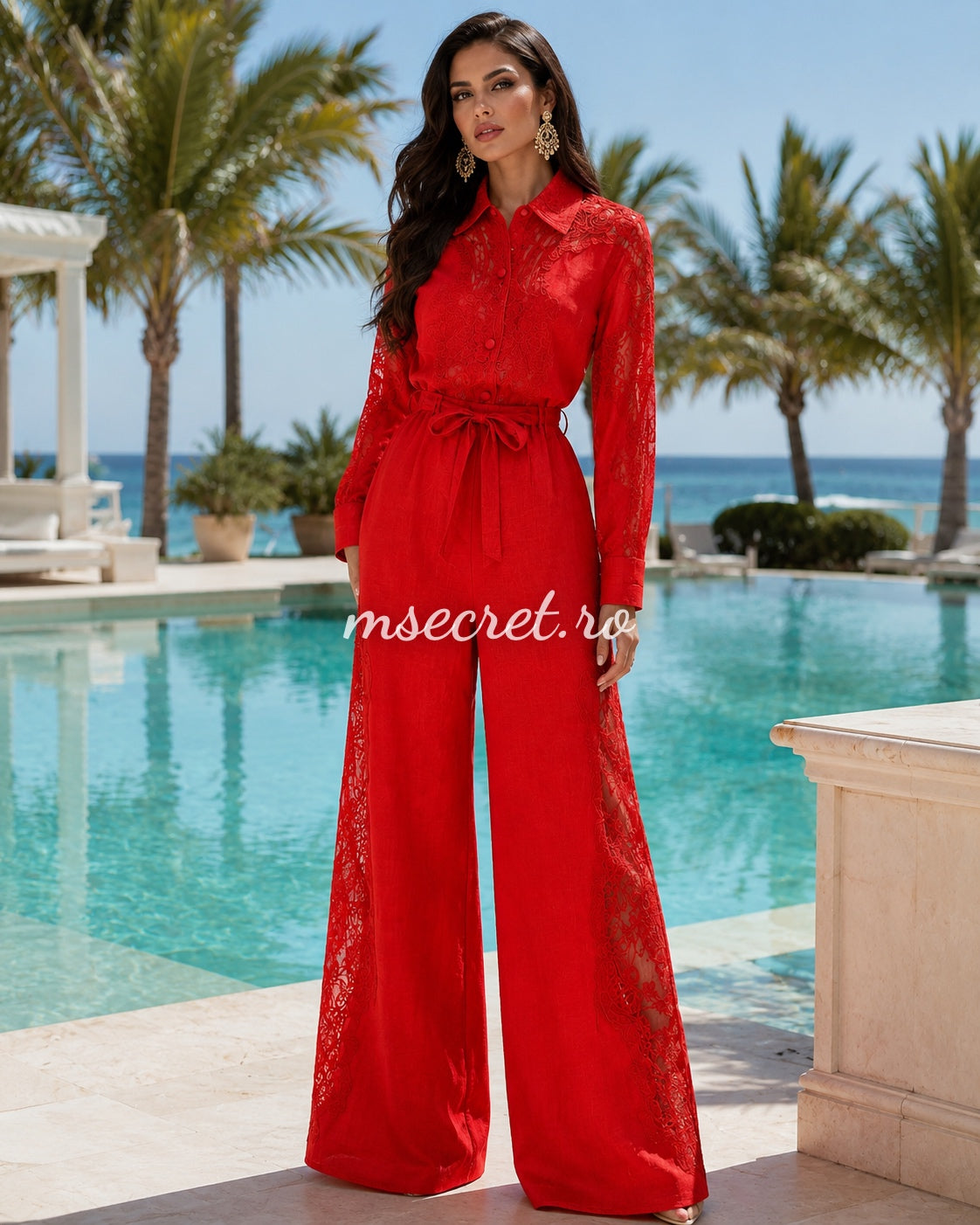Compleu elegant rosu din in cu broderie florală – camasa vaporoasă și pantaloni largi