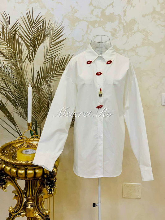 Camasa alba din bumbac cu detalii rosii