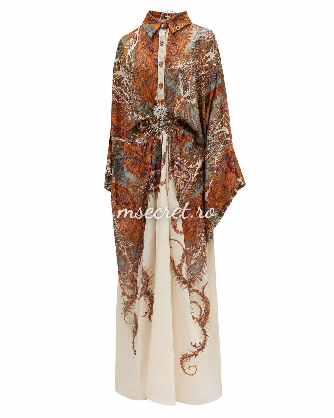 Rochie vaporoasa cu imprimeu paisley si croi tip kaftan