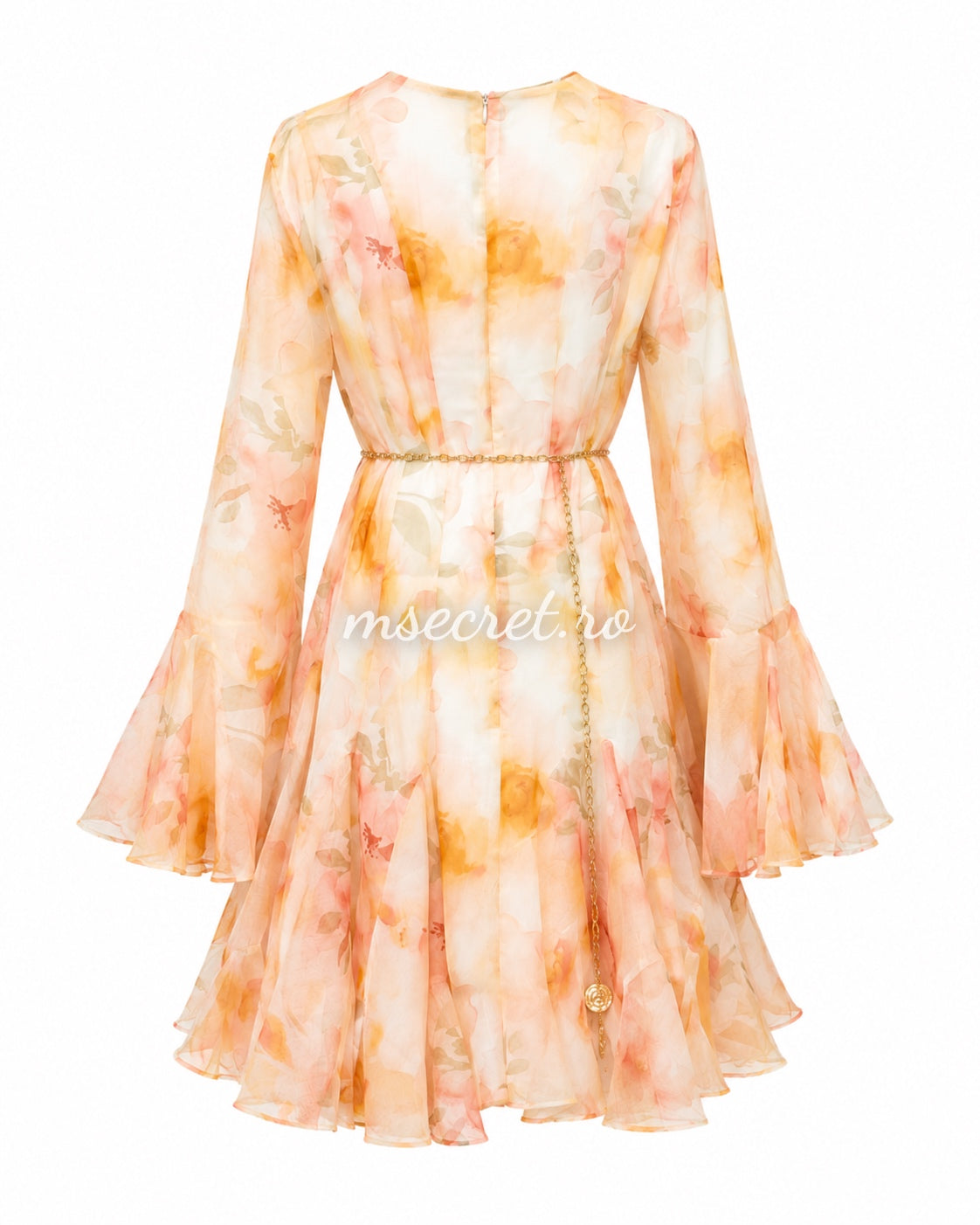 Rochie vaporoasa cu imprimeu floral pastel si lant decorativ auriu