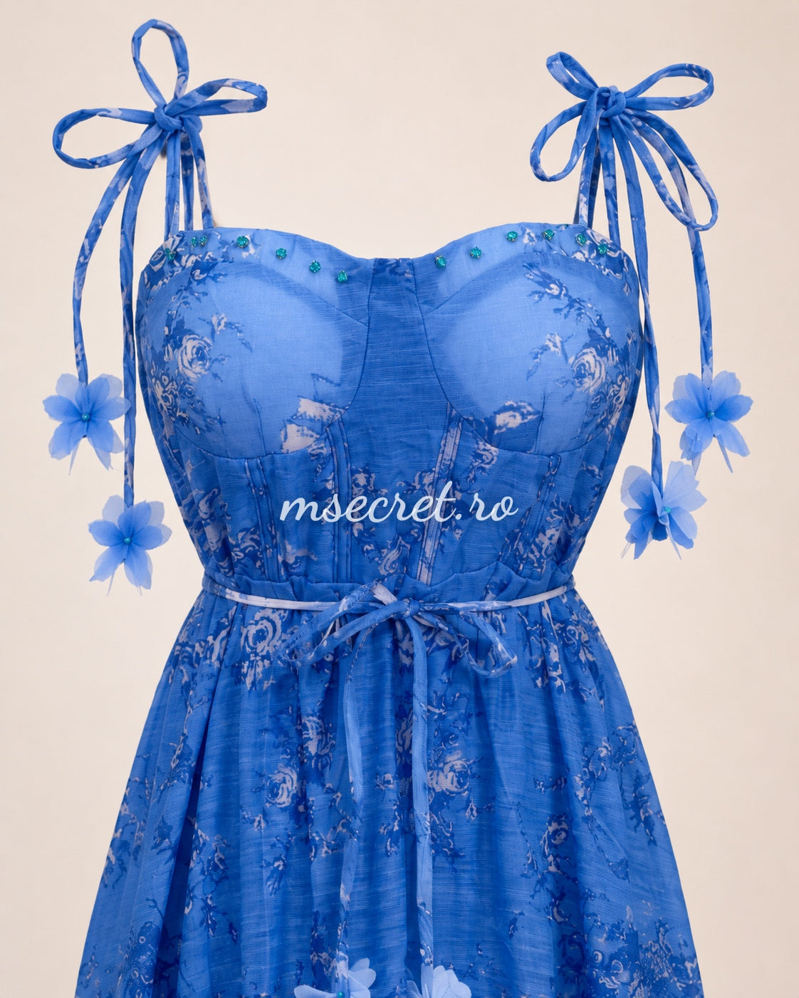 Blue long linen dress with corset and adjustable straps