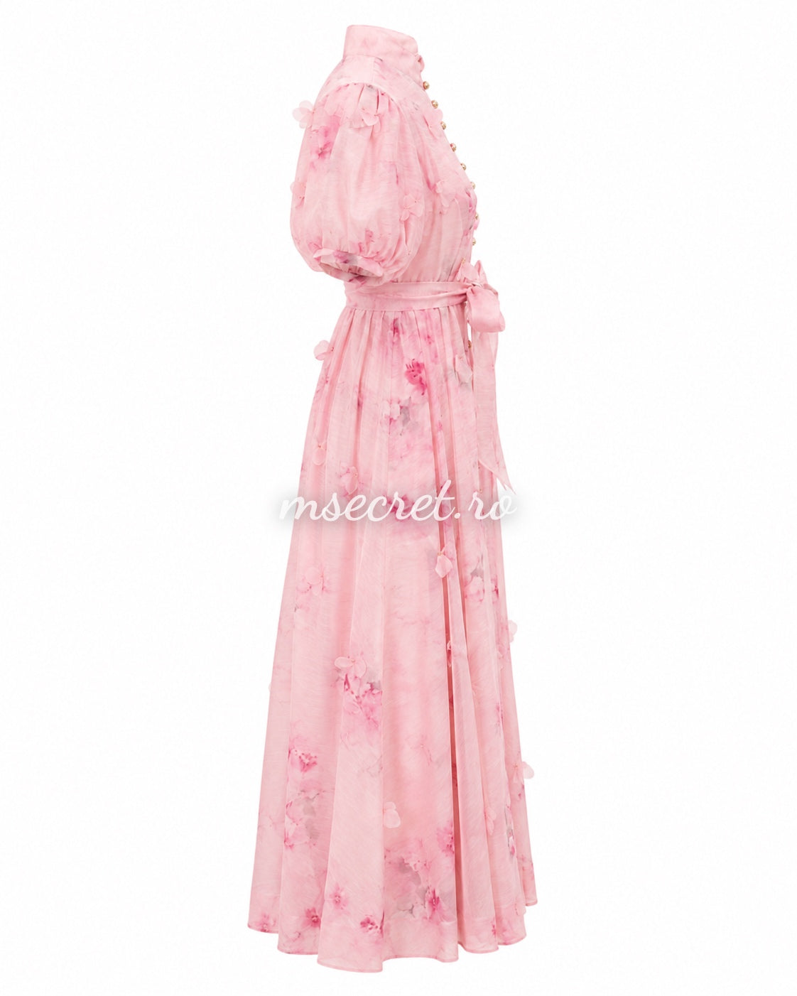 Rochie din in cu imprimeu floral roz si maneci bufante