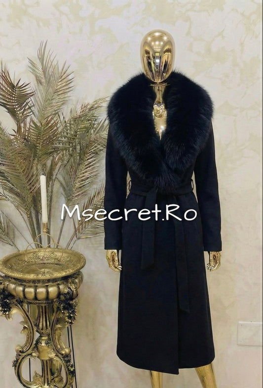 Palton din lana casmir cu blana naturala detasabila