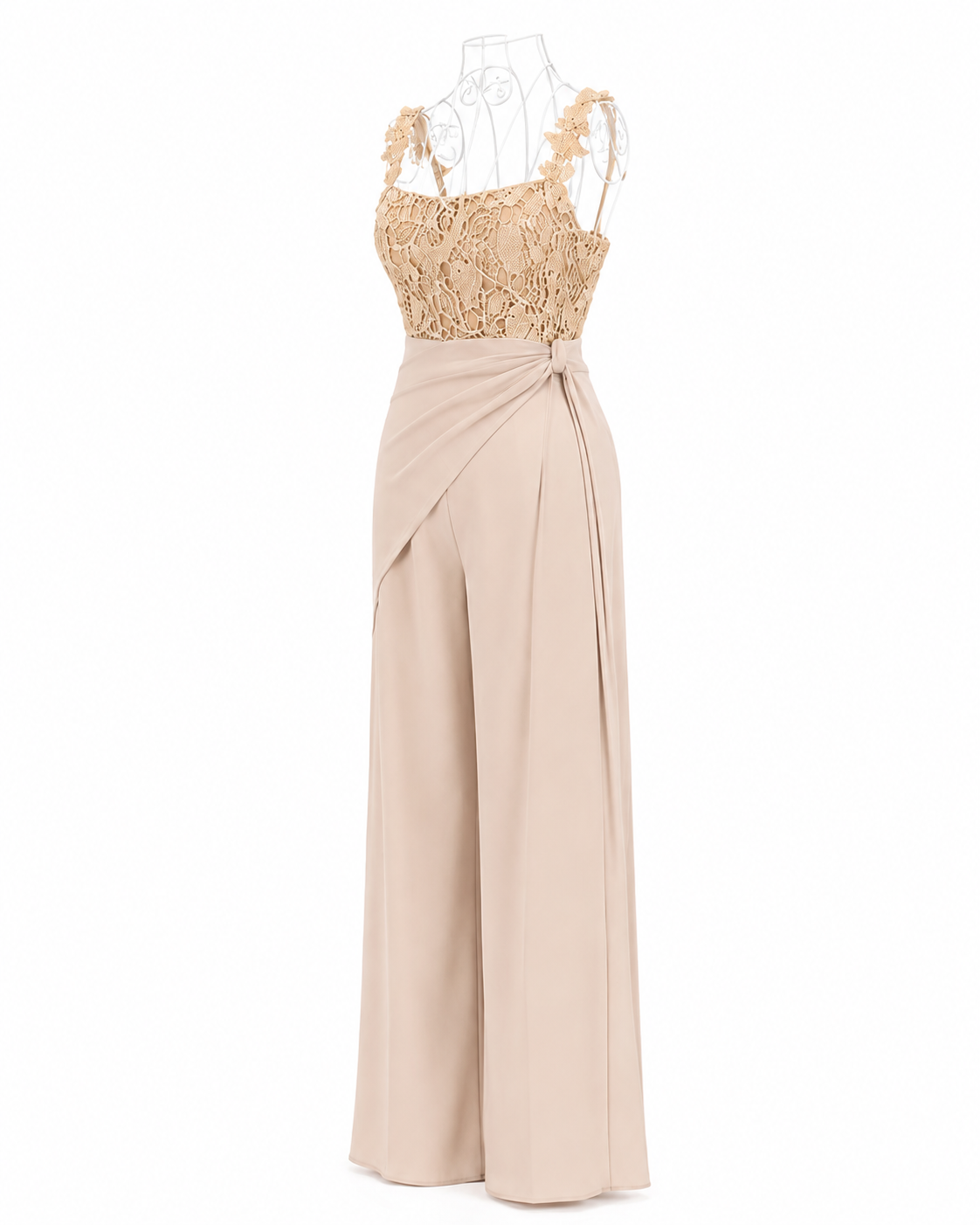 Compleu elegant bej cu top din dantela si pantaloni palazzo