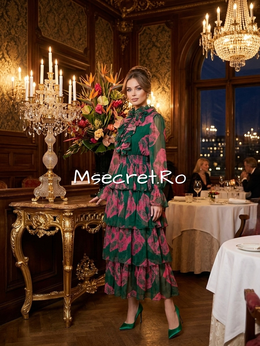 Pink and green midi dress with ruffles
