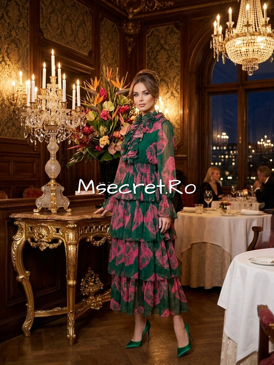 Rochie midi roz verde cu volane