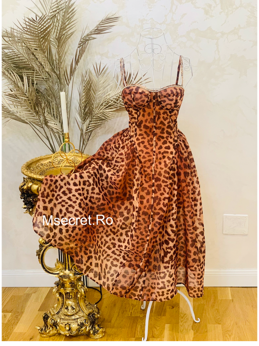 Rochie midi din in si matase animal print