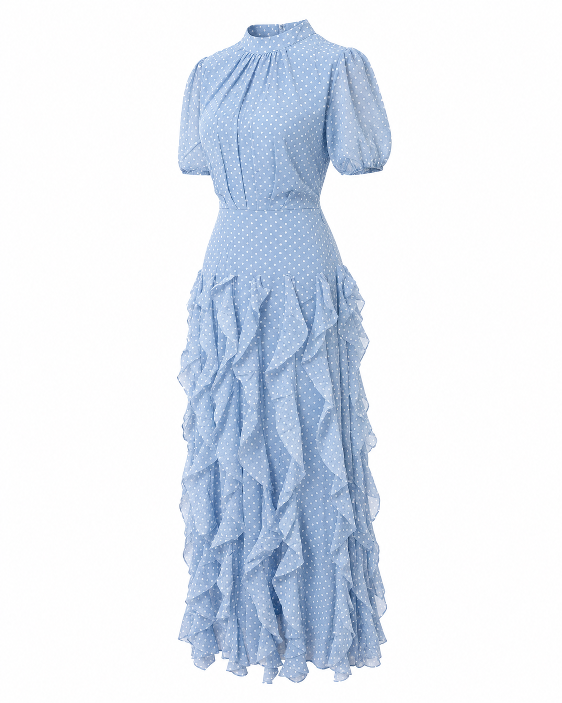 Rochie midi bleu din voal cu buline si volane delicate