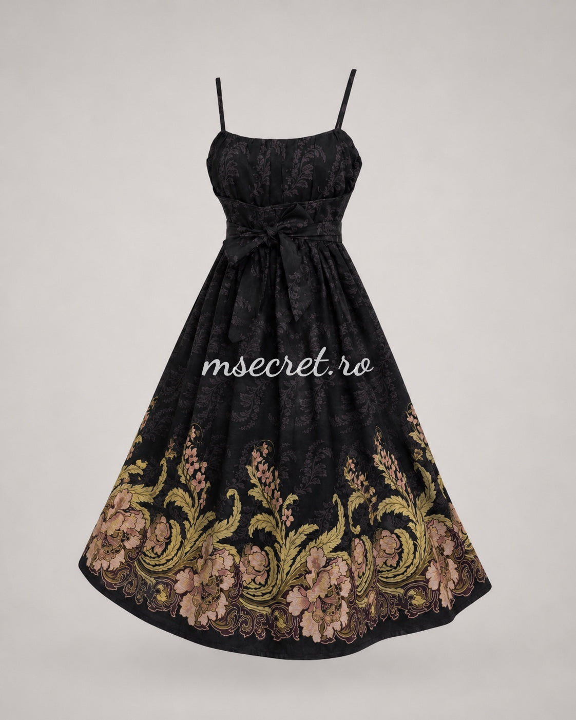 Rochie midi din in neagra cu imprimeu floral