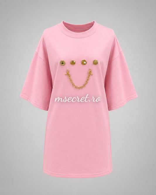 Pink cotton t-shirt with gold details