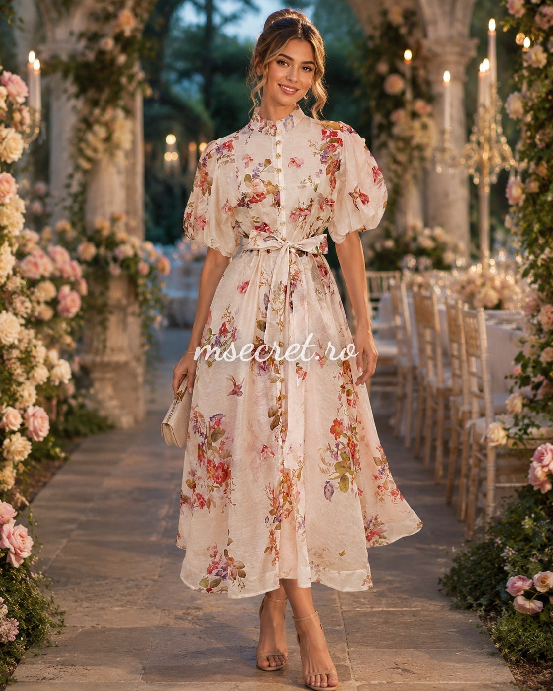 Rochie eleganta din in cu imprimeu floral romantic