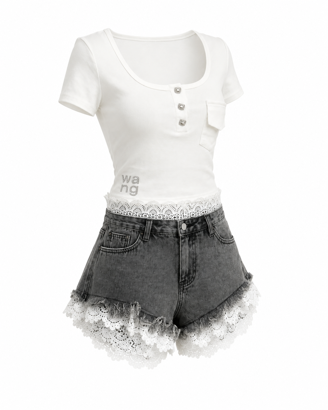 Pantaloni scurti gri din denim cu dantela alba