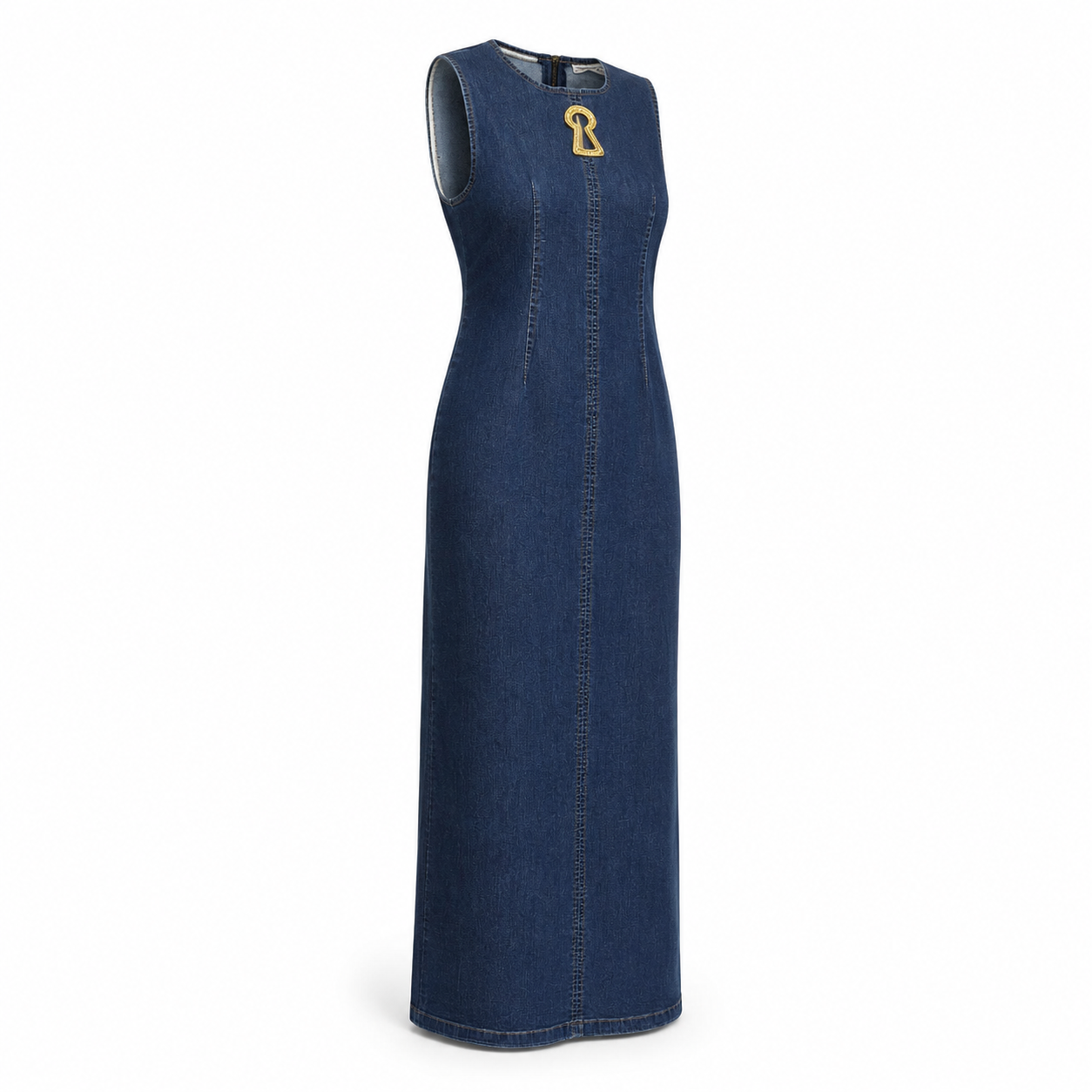 Rochie lunga din denim cu detaliu auriu