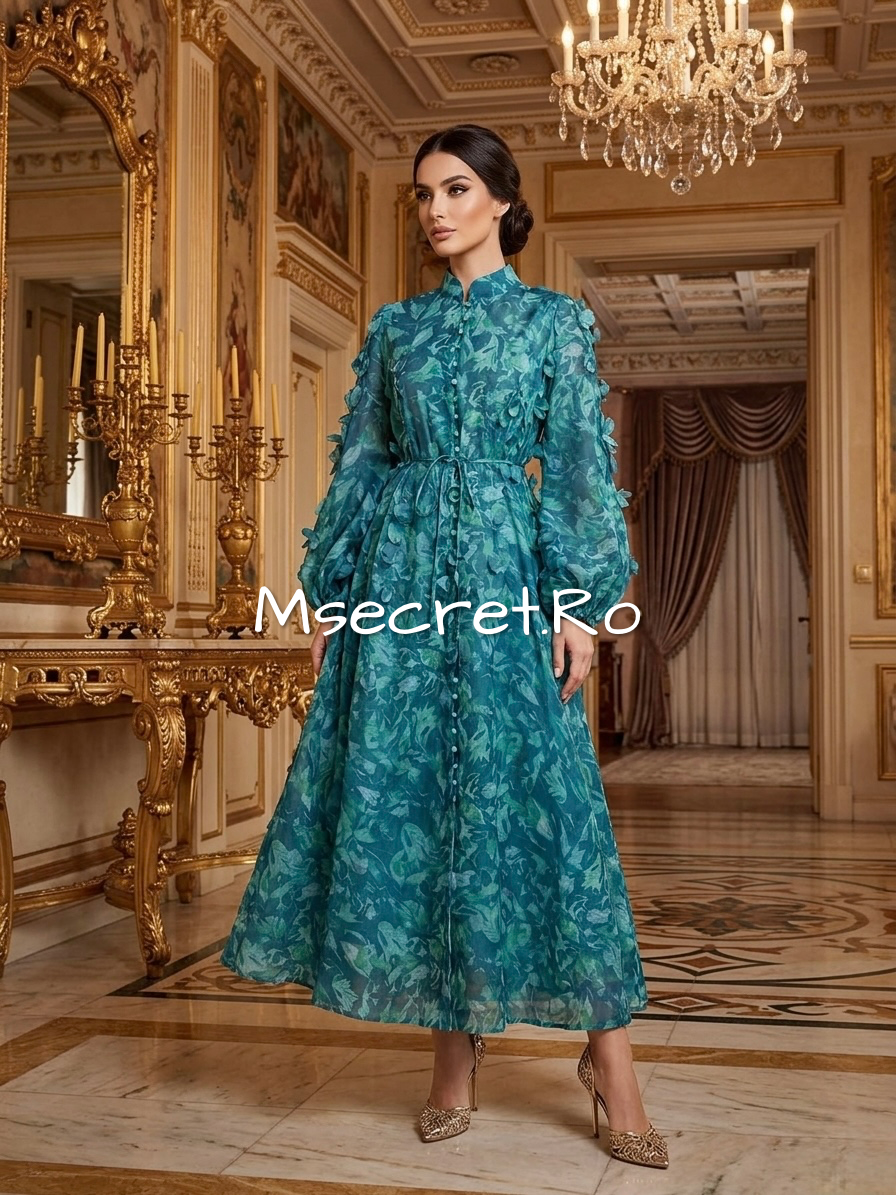 Long green linen dress with floral print and 3D appliques