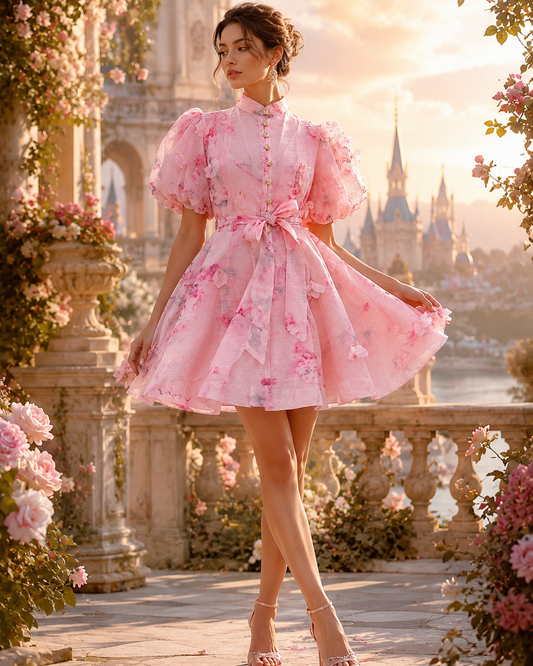 Rochie scurta roz din in cu aplocatii 3D