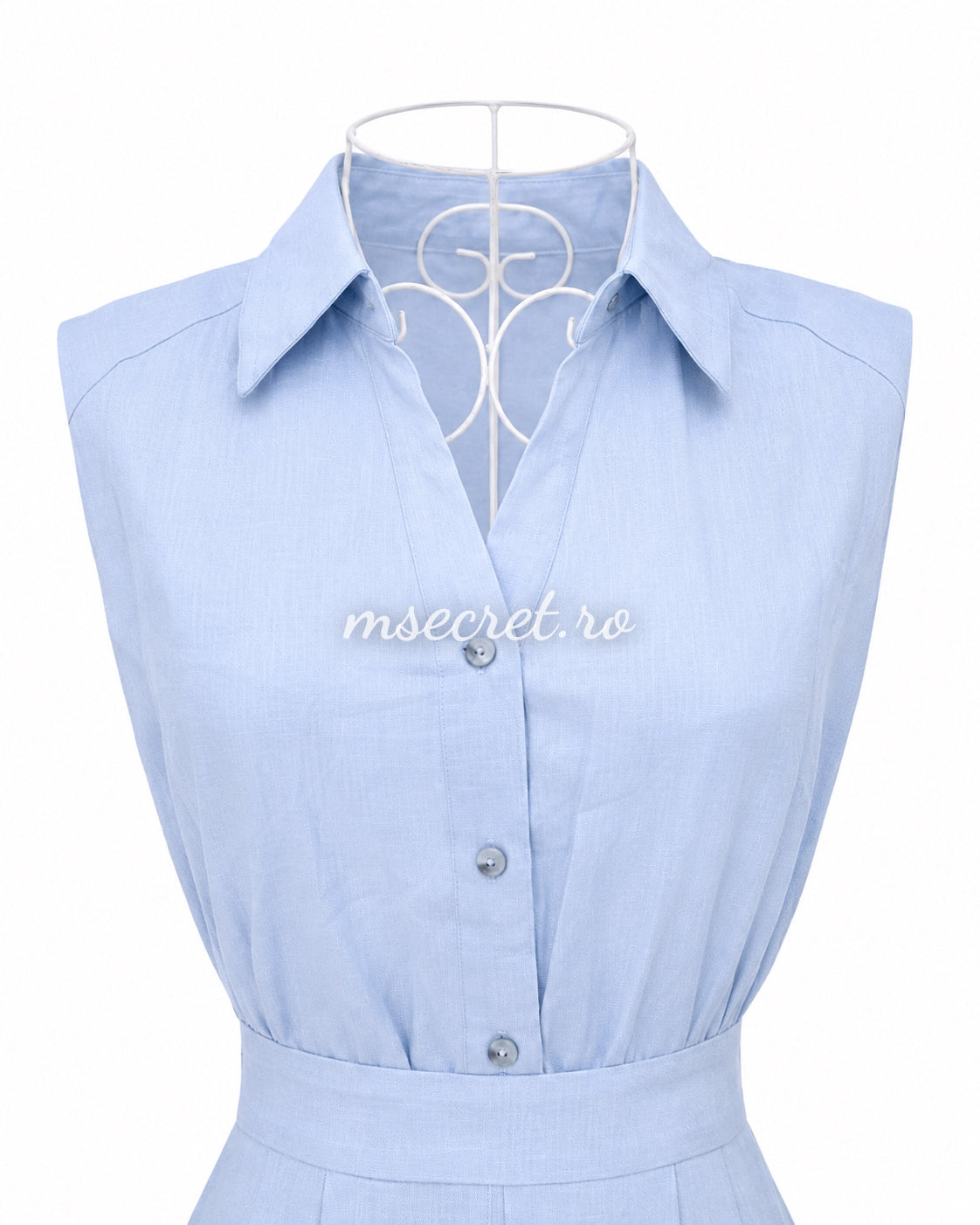 Compleu blue din in cu pantaloni largi si dantela