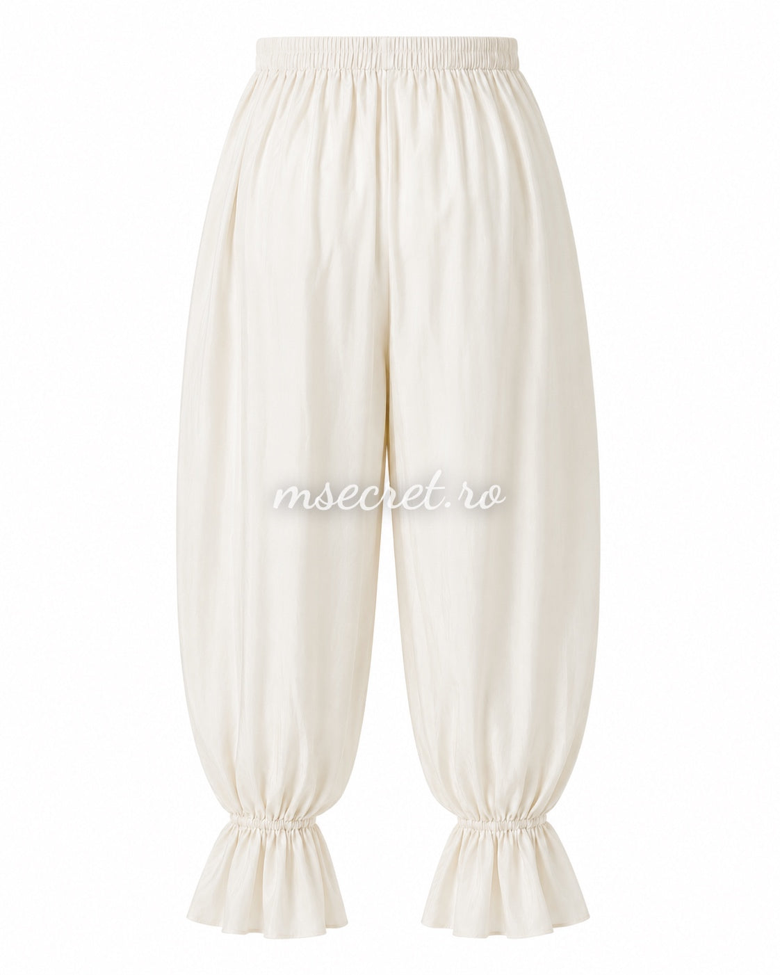 Loose ivory trousers with elasticated waist and ruffled hems