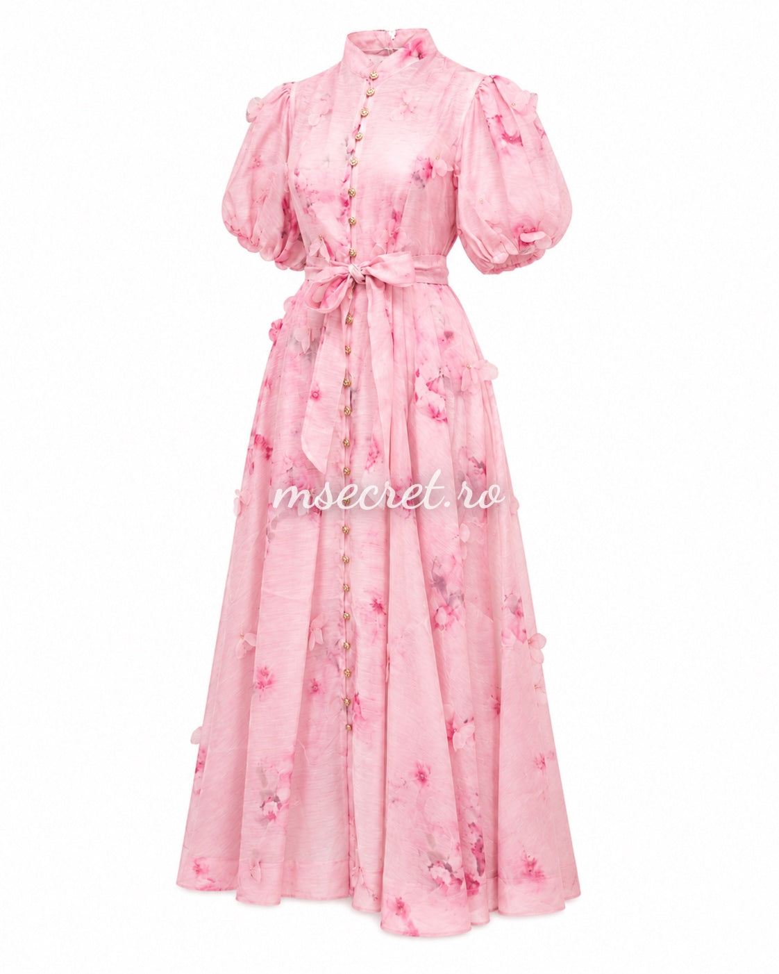 Rochie din in cu imprimeu floral roz si maneci bufante