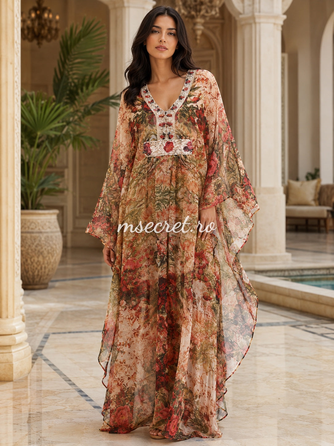 Rochie tip caftan turcoaz cu imprimeu mediteranean