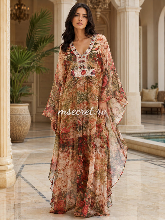 Rochie tip caftan turcoaz cu imprimeu mediteranean