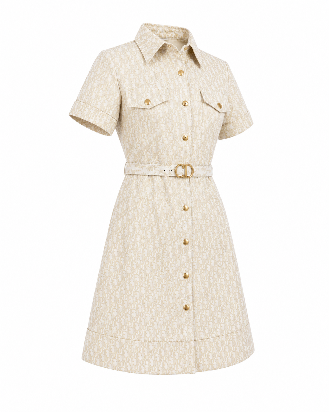 Rochie tip camasa ivory cu imprimeu monogram si detalii aurii