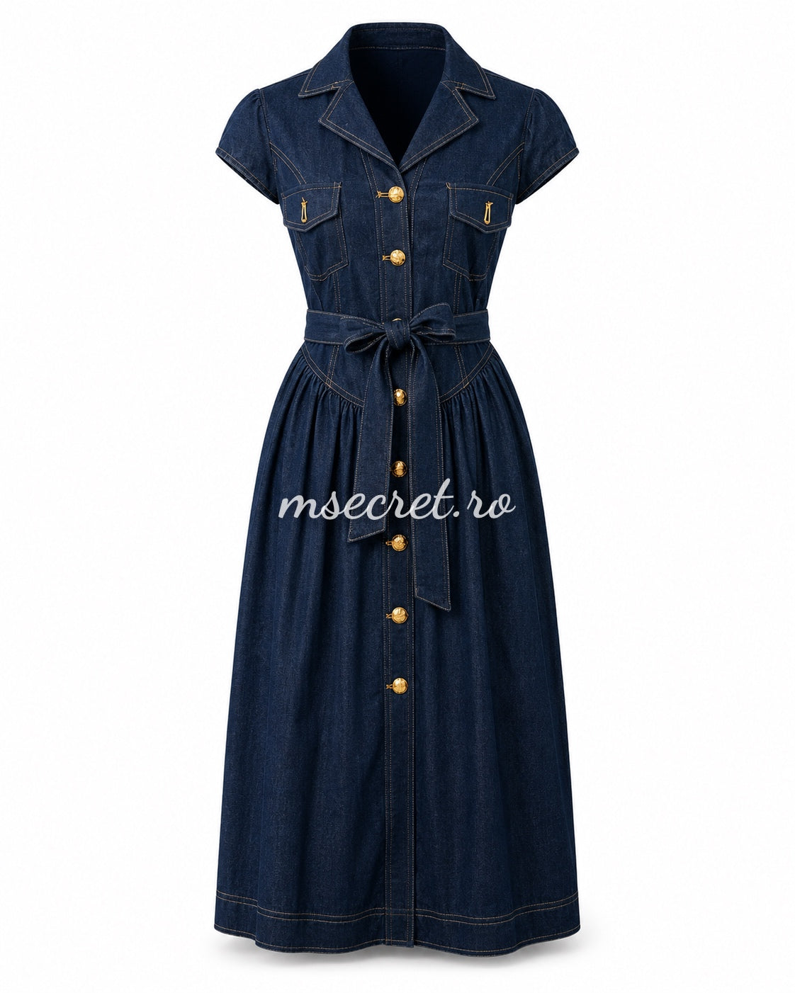 Rochie midi albastra din denim cu nasturi aurii