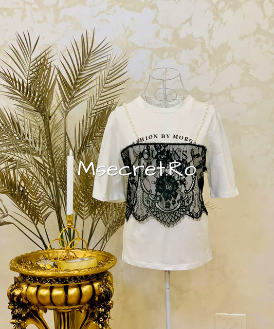 Tricou alb cu dantela