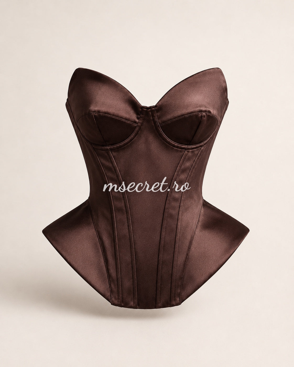 Brown satin corset with contoured cups and a sculptural design
