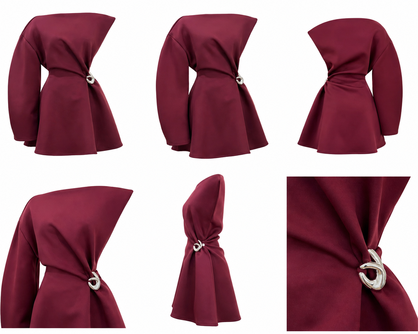 Rochie mini burgundy cu design asimetric si brosa metalica