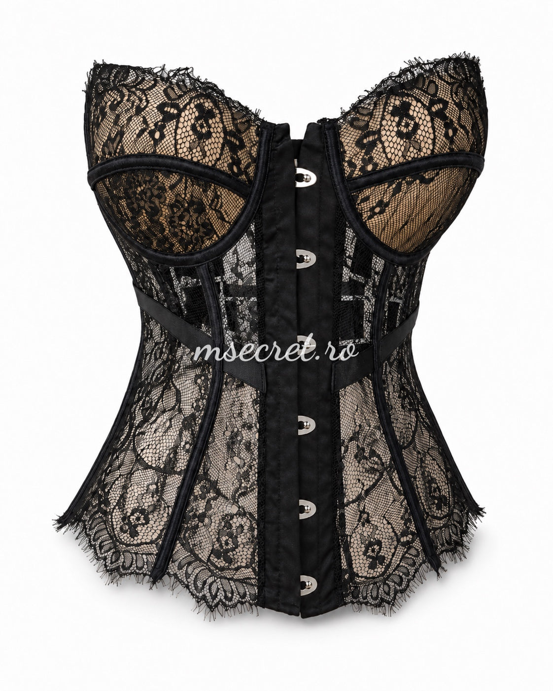 Black lace corset with cups and metallic closure