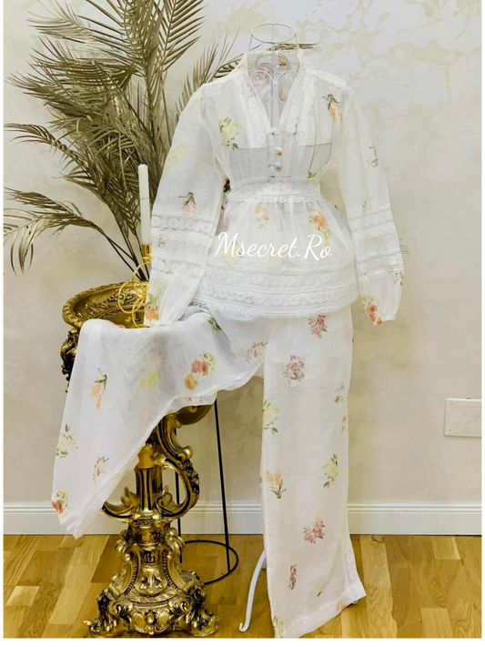 Compleu din in si matase cu broderie și imprimeu pastelat