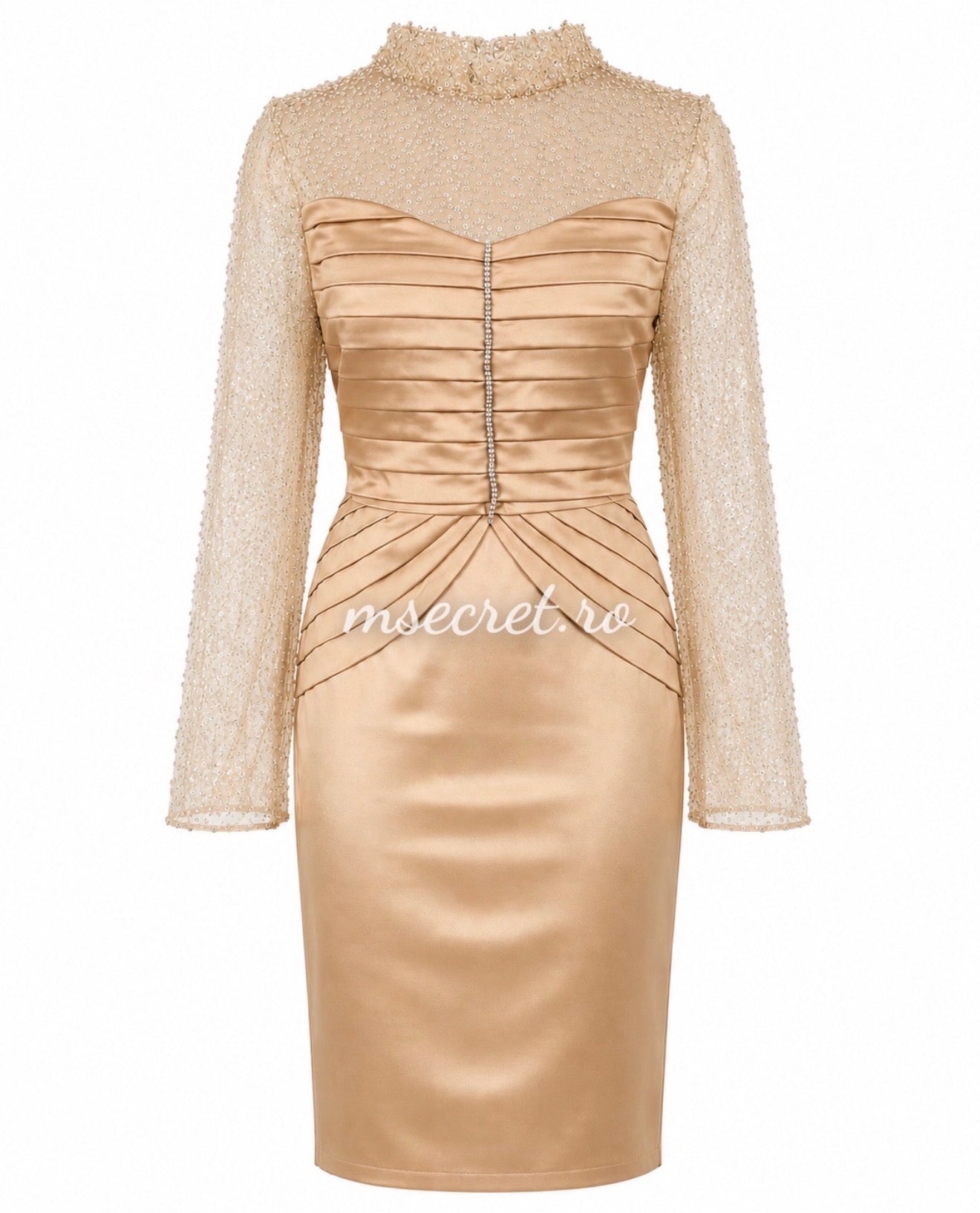 Rochie midi champagne, cu maneci transparente din tull brodat cu perle