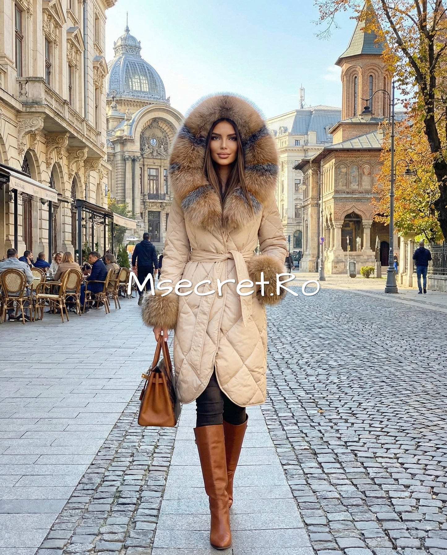 Beige waterproof jacket with natural fur