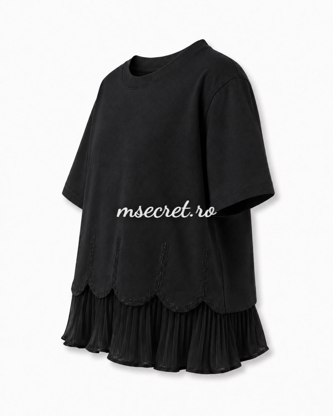 Tricou negru din bumbac cu volan plisat