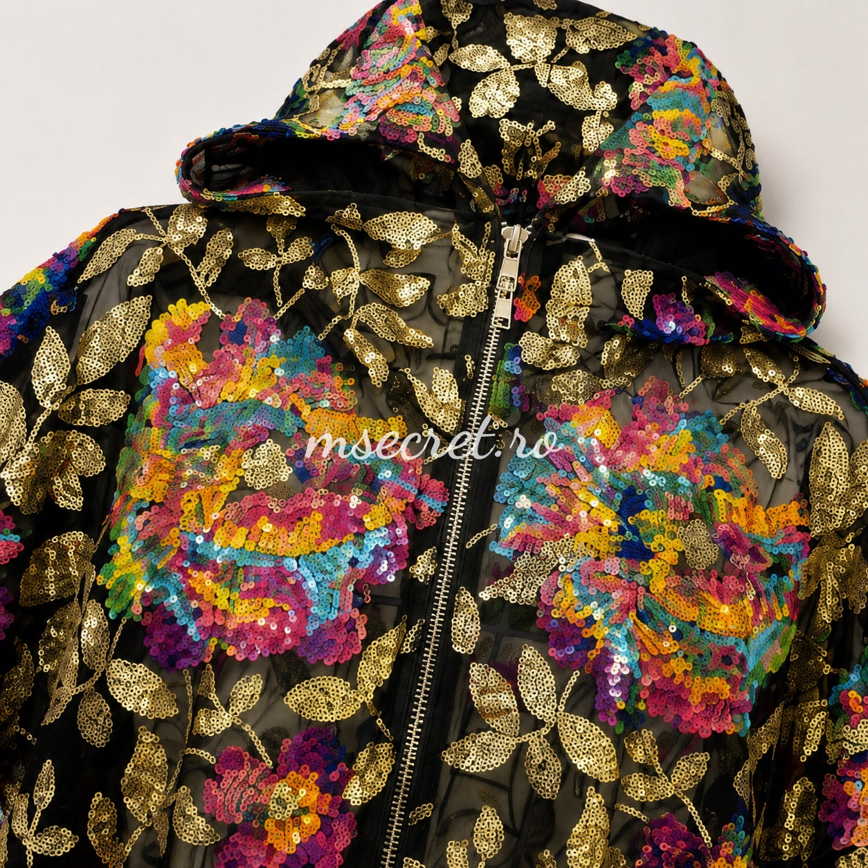 Jacheta neagra din dantela cu paiete multicolore