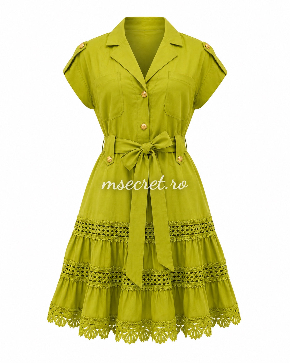 Rochie camasa verde cu cordon in talie si insertii din dantela