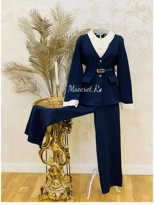Compleu tricot blue-marin cu pantaloni lungi