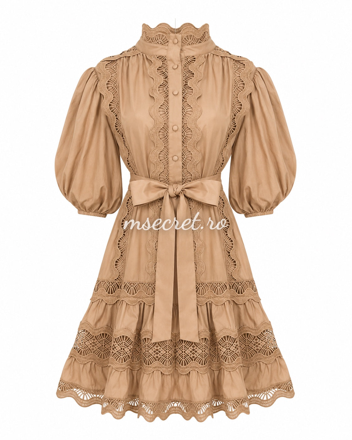 Beige dress with decorative embroidery and puff sleeves