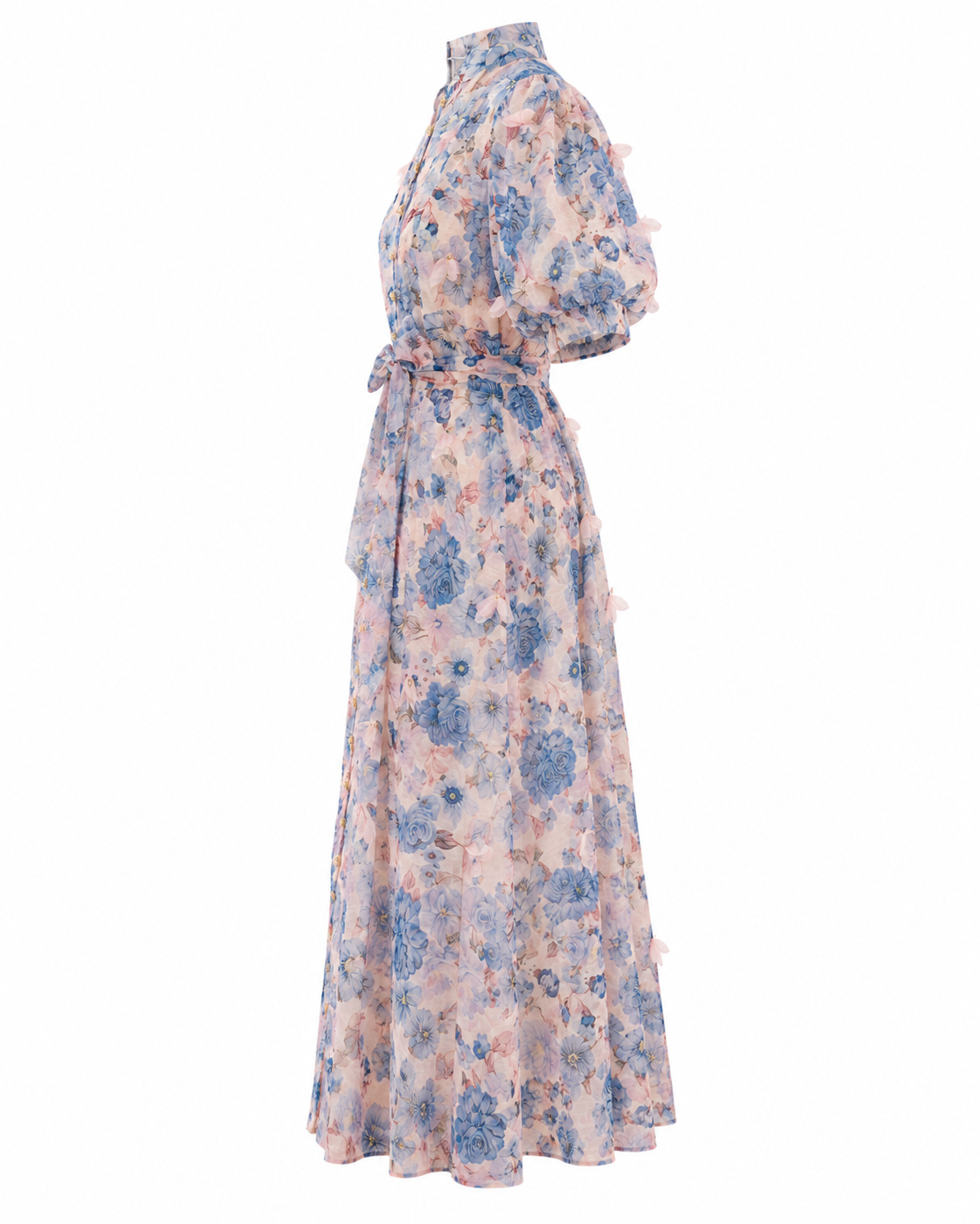 Rochie lungă roz din in cu imprimeu floral și aplicații 3D