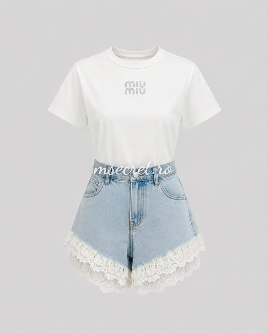 Pantaloni scurti blue din denim cu dantela alba