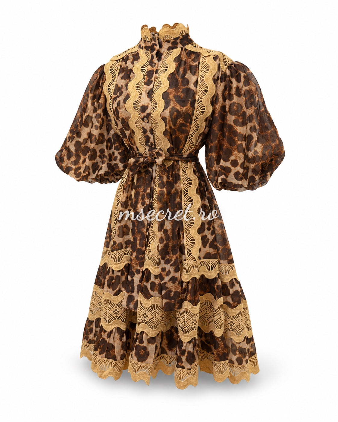 Animal print dress with gold embroidery and puff sleeves