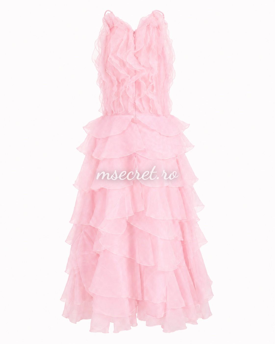 Elegant pink midi dress with organza ruffles