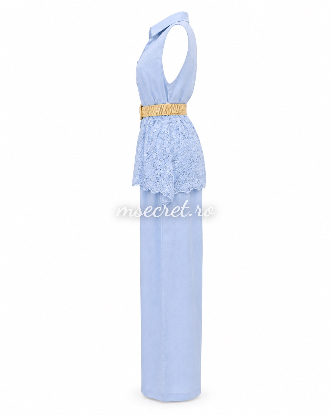 Compleu blue din in cu pantaloni largi si dantela