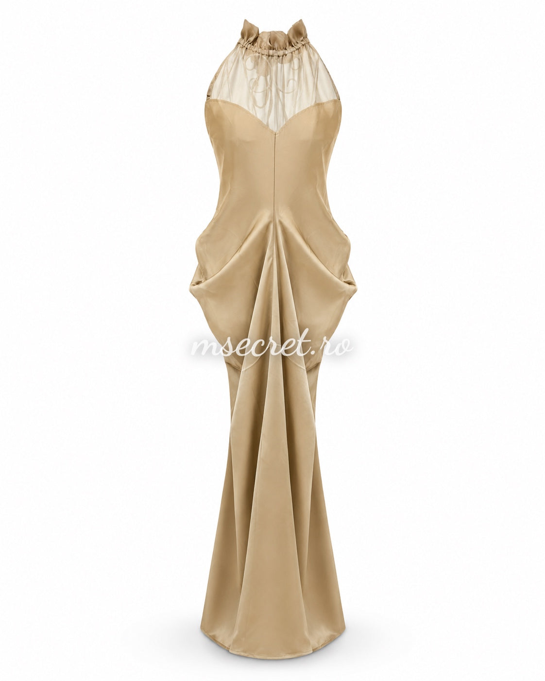 Rochie lunga champagne din satin cu decolteu inimioara