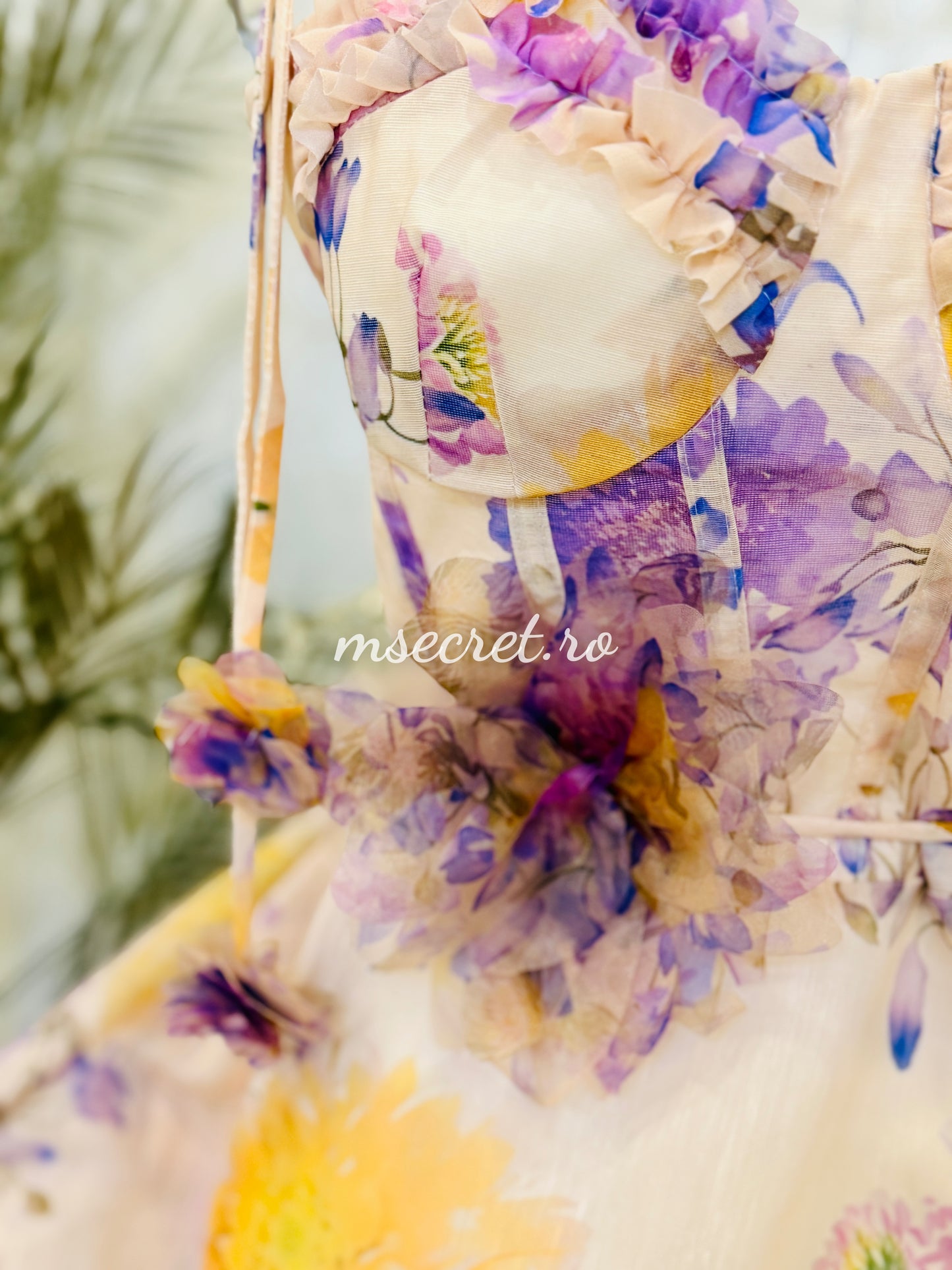 Rochie lunga florală din in cu corset și bretele reglabile