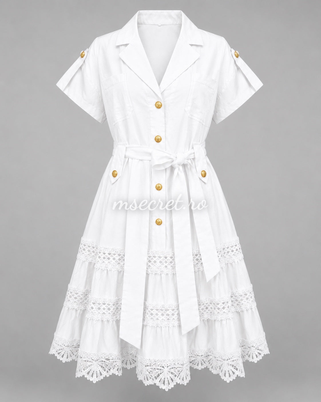 White shirt dress with waist tie and lace inserts
